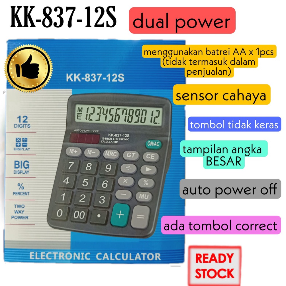 

READY STOK Kalkulator Desktop Meja Dual Power 12 Digit Layar Besar JOINUS 837B