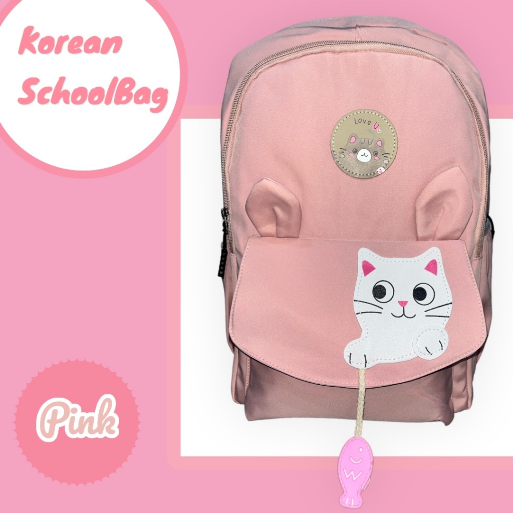 Tas Sekolah Anak SD SMP SMA Tas Ransel Sekolah Besar Tas Ransel Pink Korea  Motif Kucing Bedazzling