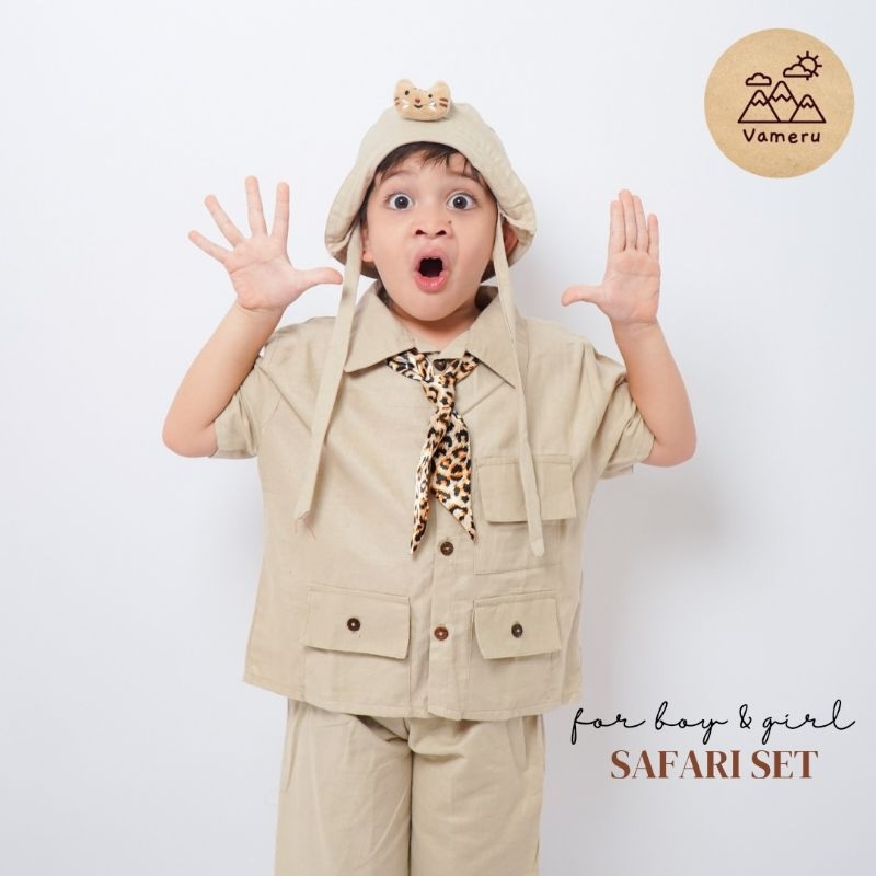 VAMERU - BAJU SAFARI CELANA ANAK SET LINEN FREE TOPI ZOO KEEPER CAMPING VAMERU