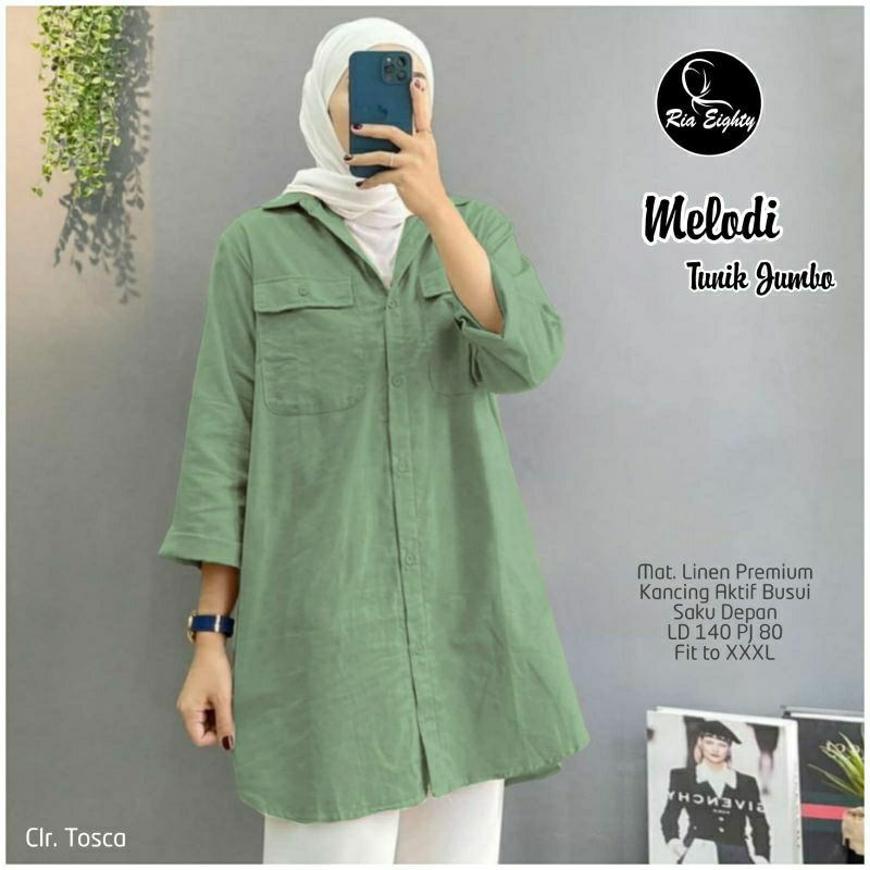 Melodi Kemeja Blouse Wanita Oversize Jumbo Polos Sage Green Lime Katun Linen Premium Ld 140 Fit XXXX