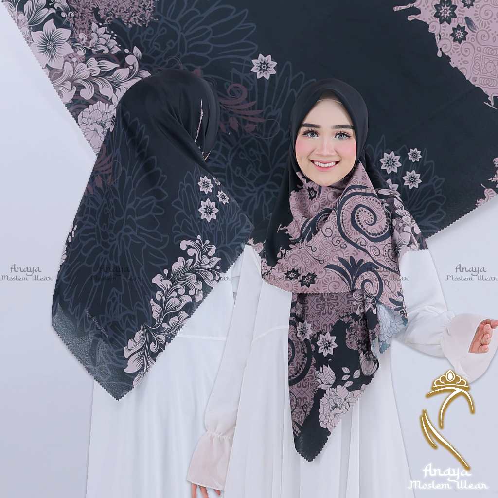 Jilbab Segi Empat Motif Syar'i 130x130 Voal Sublime Premium,  hitam K-49 Anaya19