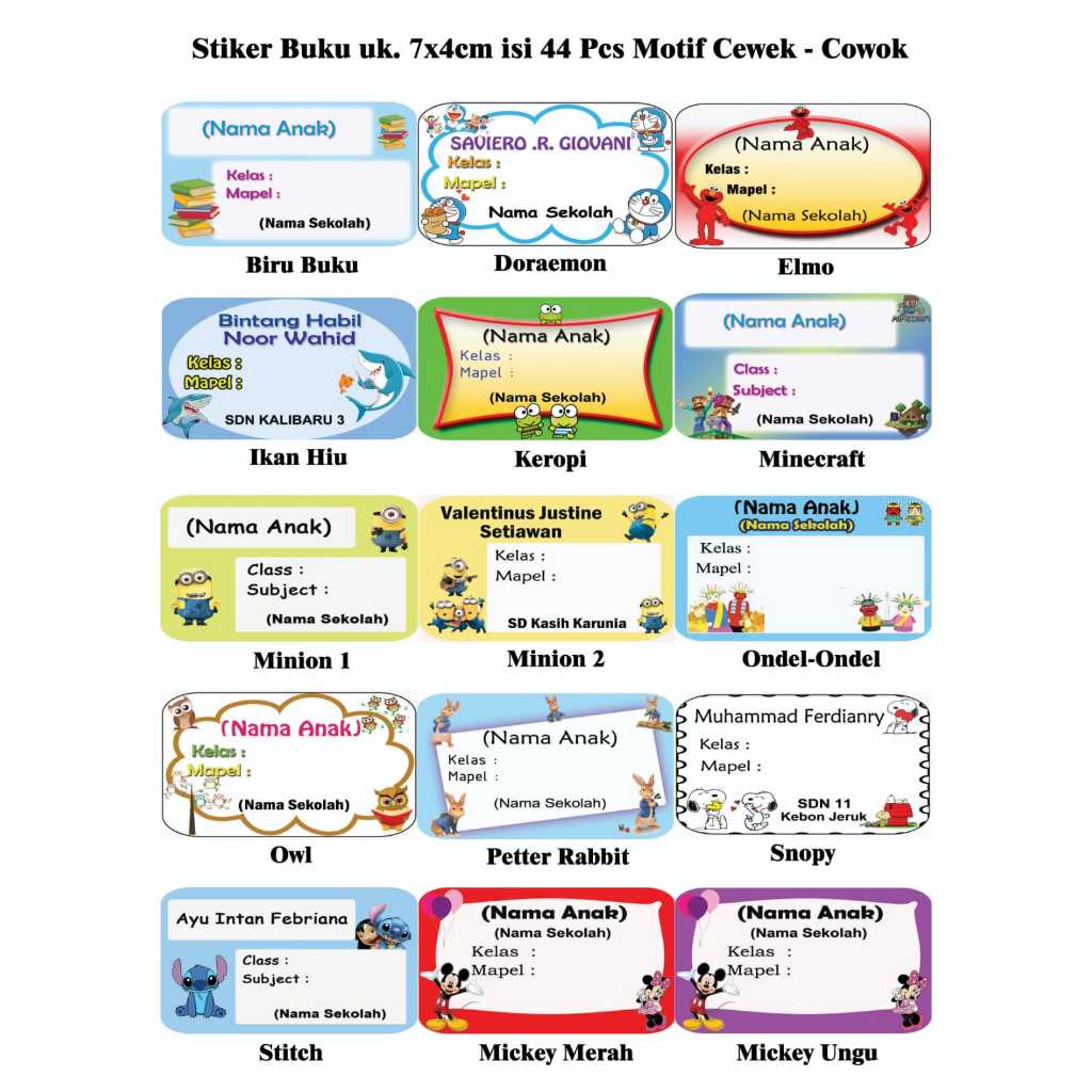 Stiker buku Motif Cewek - Cowok uk.7x4/Label Buku/Stiker Nama Buku/Label Nama Buku/Stiker Mapel untu
