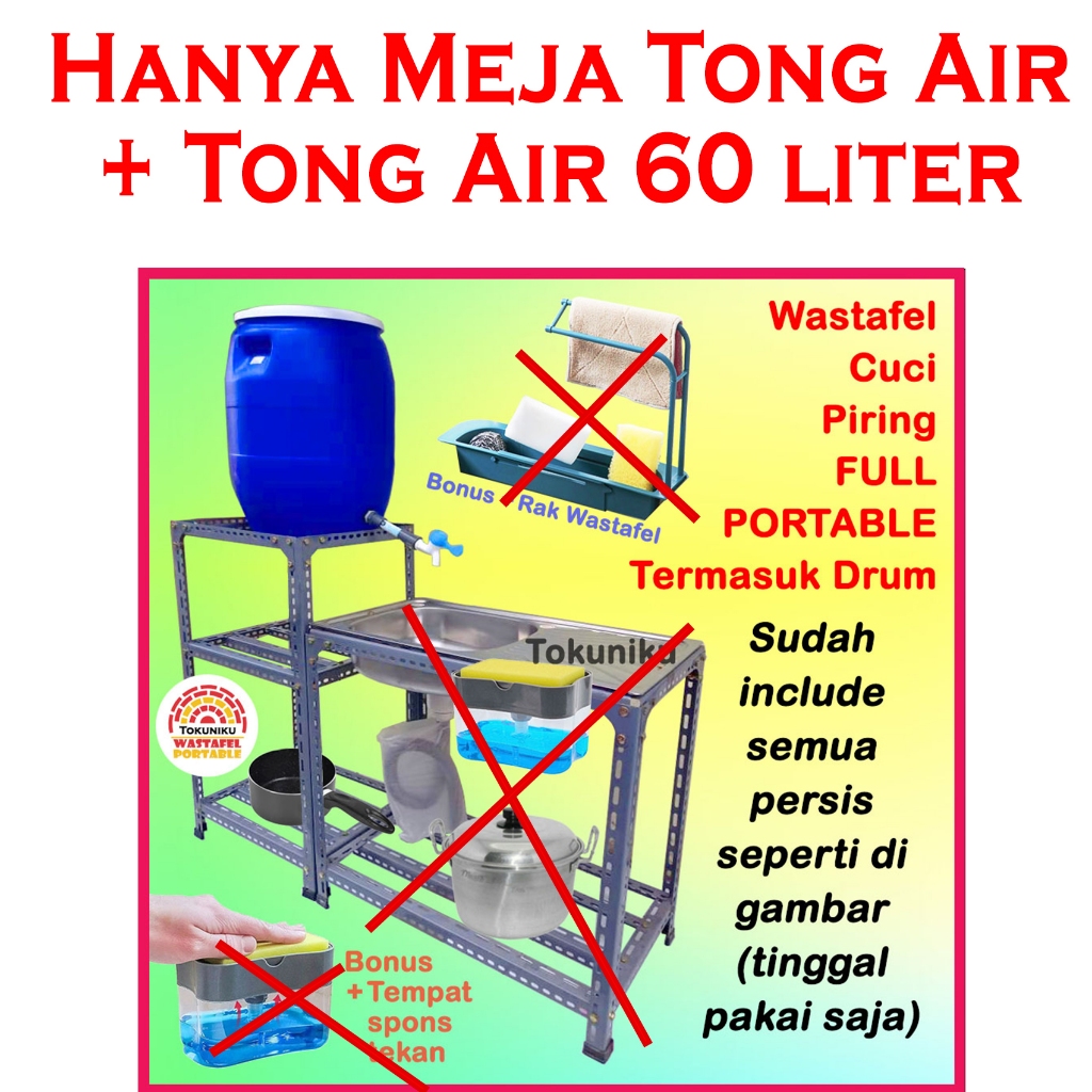 HANYA MEJA + TONG AIR, Wastafel Cuci Piring Drum FULL PORTABLE Bak Cuci Tangan Panjang TOKUNIKU