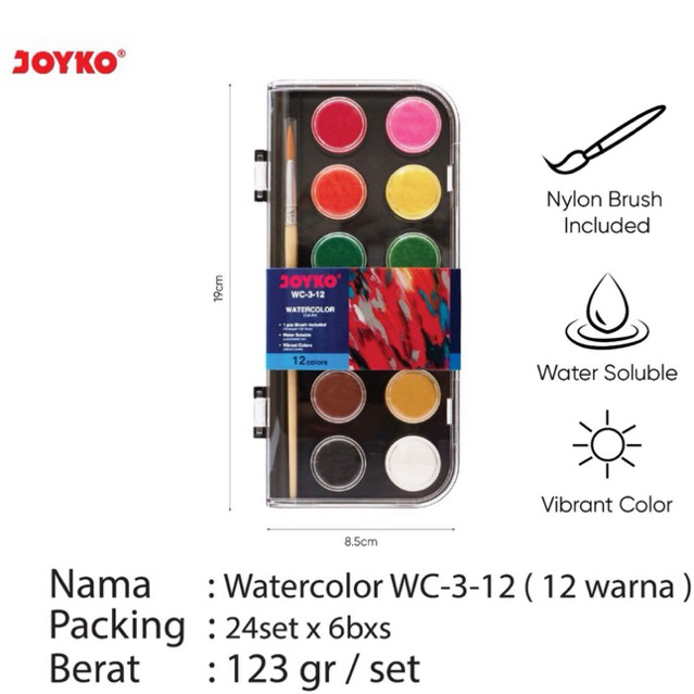 

Joyko WC 3 12 Warna / Watercolor Cake / Watercolor Set Cat Air WC-3-12