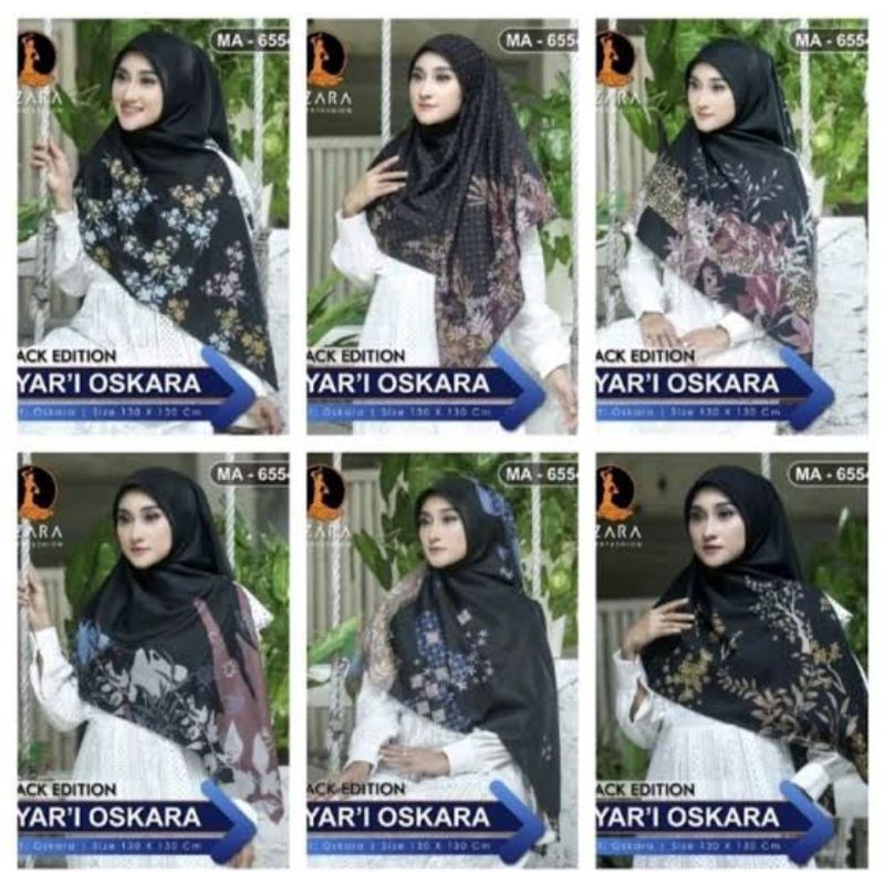 Hijab segi empat syari motif AZARA dasar hitam