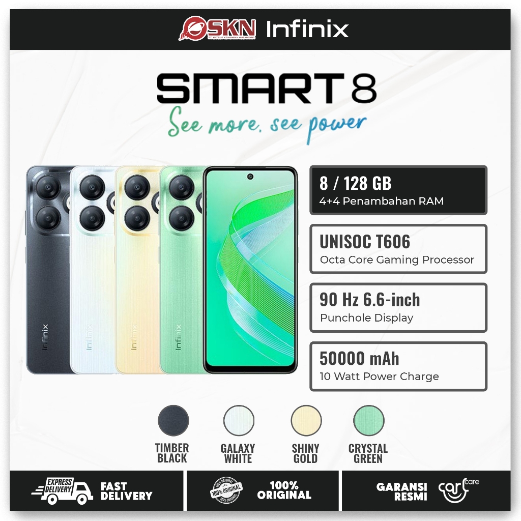 Infinix Smart 8  3/64 & 4/128GB - Up to 8GB Extended RAM - 6.6" 90Hz Puch Hole Display - 5000 mAh