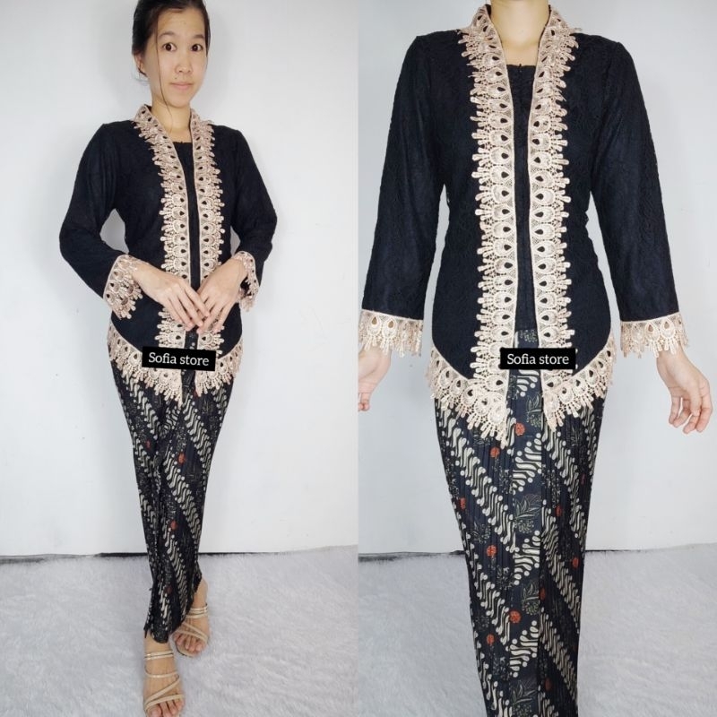 Atasan Kebaya Brokat Renda Lengan Panjang Amelia Warna Hitam