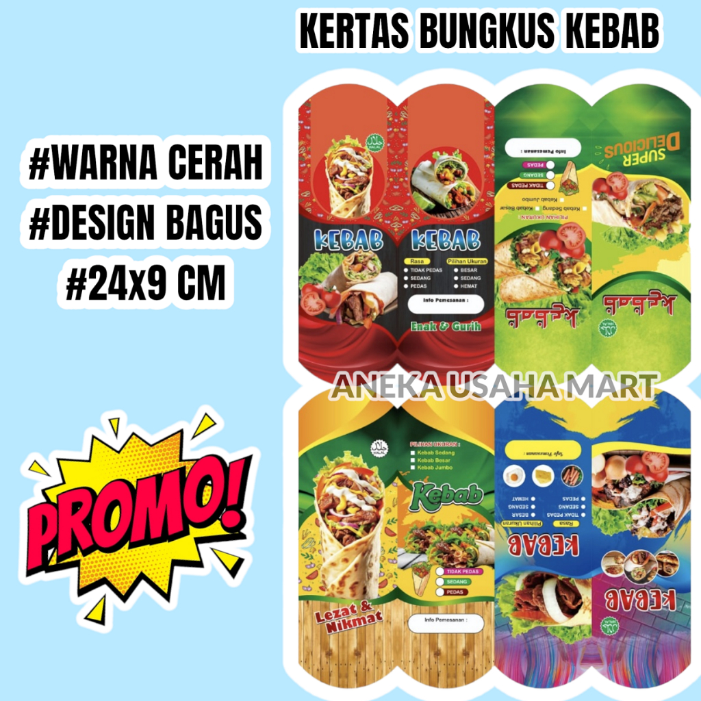 

100 Pcs Dus Kemasan Kertas Bungkus Kebab Tarikan - 18 Pilihan Gambar