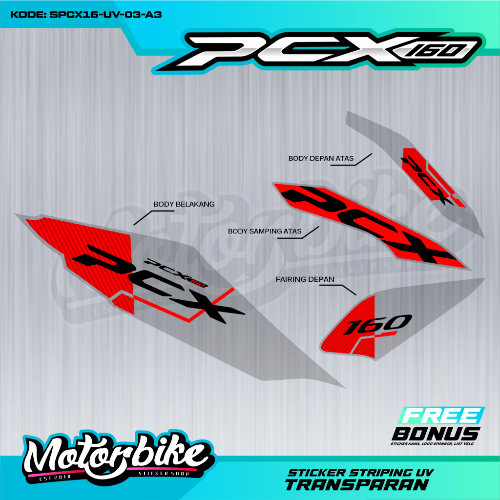 Striping transparan uv motor pcx 160 motif malay variasi warna merah biru -SPCX16-UV