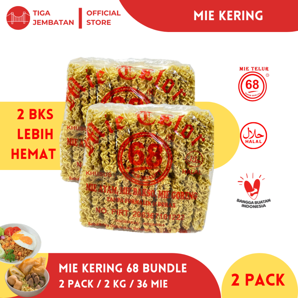 

Mie Telur 68 (Paket Bundle 2 KG 36 Mie) - Mie kering Mie kuning Mie telur burung dara mie atom bulan mie telur cap 3 ayam