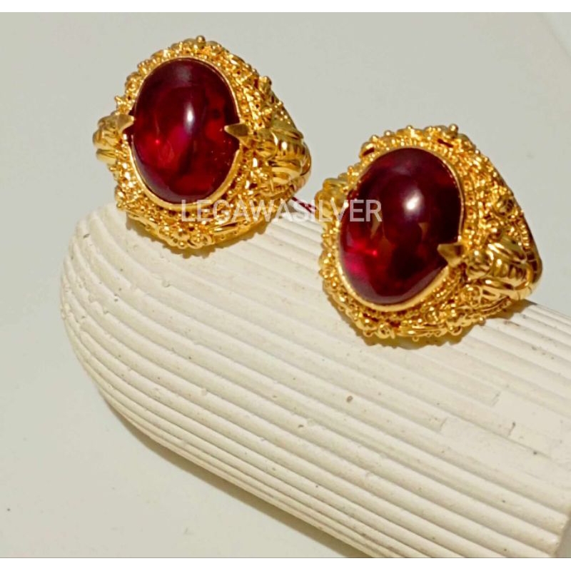 Cincin perak lapis emas / cincin batu Mirah / cincin ukir cowok / cincin ukir Bali
