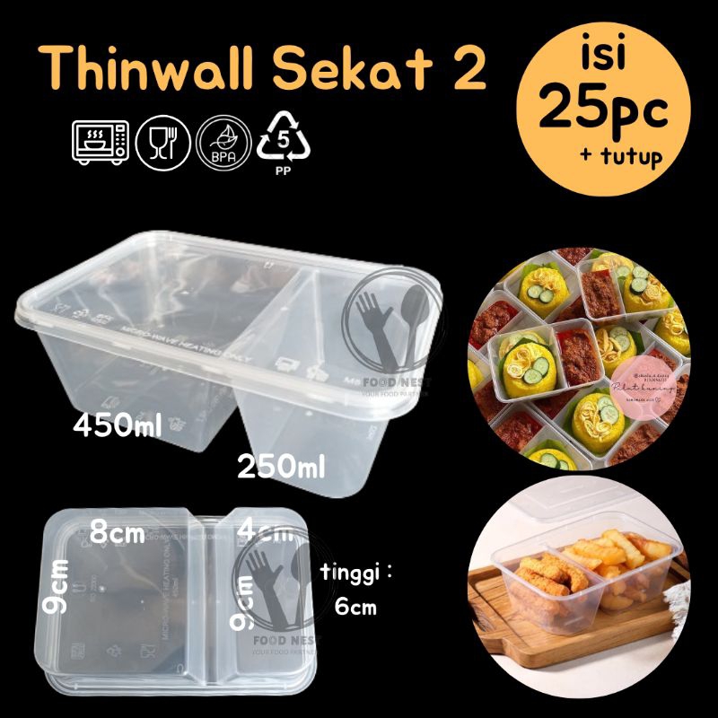 [isi 25pc] lunch box thinwall sekat 2 / food container / take away box / thinwall rectangle 700ml