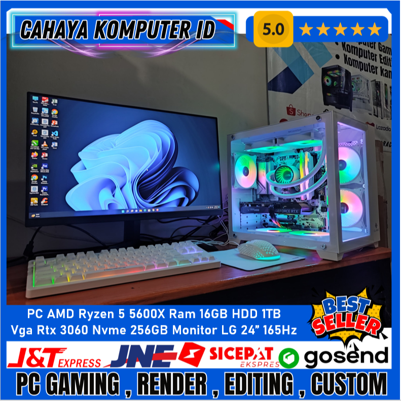 PC Ful set AMD Ryzen 5 5600X Ram 16GB SSD Nvme 256GB VGA RTX 3060 12GB Monitor LG 24" 165Hz