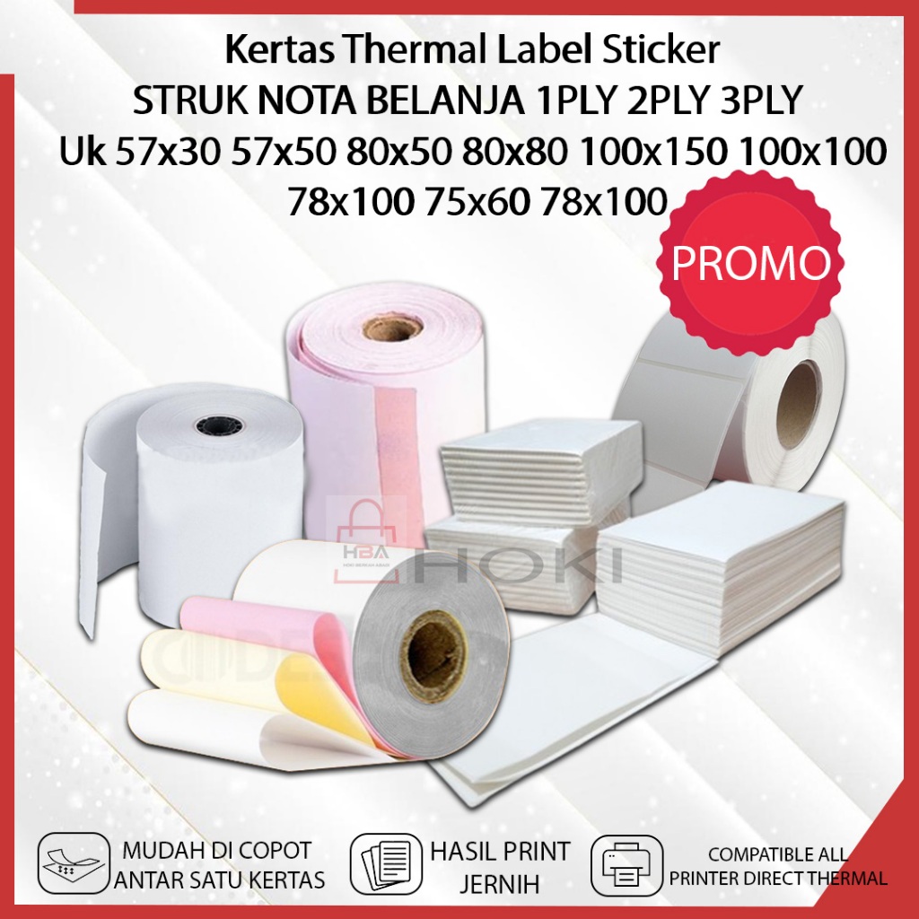 

Kertas Thermal STRUK Toko Nota Sticker Uk 57x30 ⁠57x50 80x50 ⁠80x80 100x150 100x100 78X100 75x60 78x100 Tebal 1 PLY 2 PLY 3 PLY HVS Cetak Sticker Printer Resi Paket Usaha Online Shop