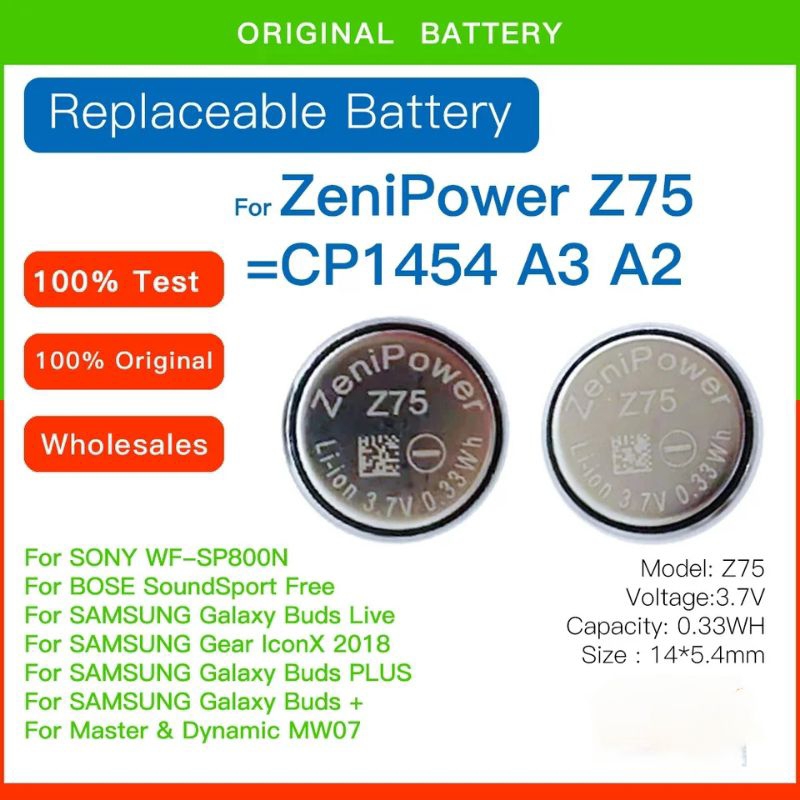 ZeniPower Z75 CP1454 3.7V 95mAh Baterai TWS earphone Galaxy buds+Live