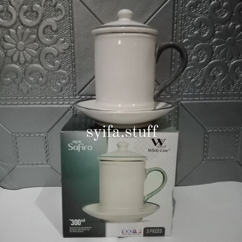 Gelas Mug Keramik Tutup Safira Set / Mug, Tatakan, dan Tutup / Gelas Mug Set Hadiah Guru