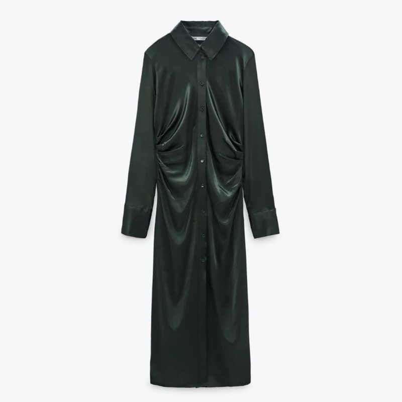 PRELOVED ZARA Ruched Satin Effect dress in Black Green/ Satin finish shirt dress/ Satin effect midi 