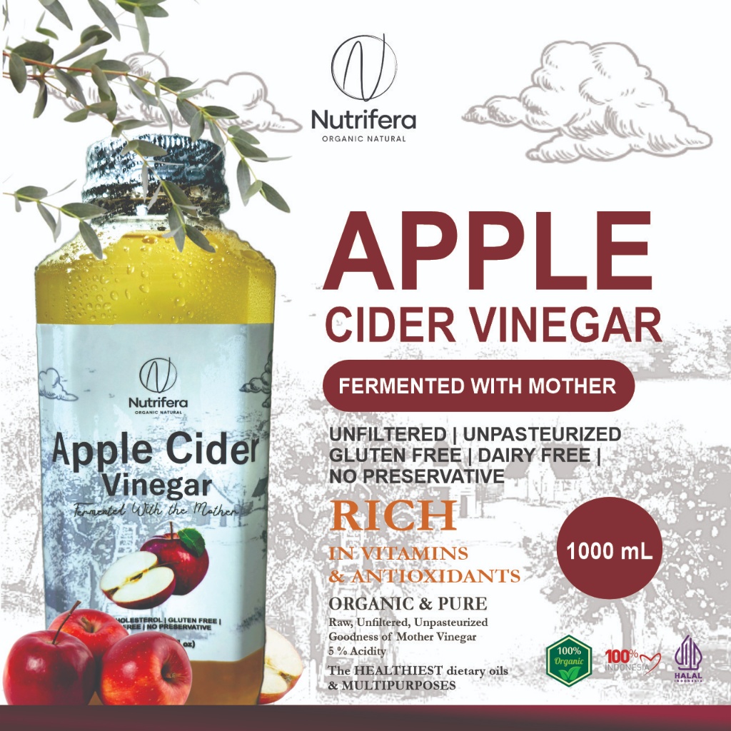 

NUTRIFERA Cuka Apel 1000ml dengan Mother Endapan Fermentasi Probiotik / Apple Cider Vinegar ACV