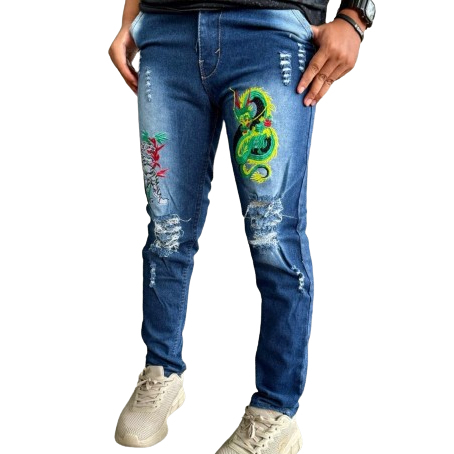 celana soft jeans panjang bordir naga dan macan pembawa hoki celana panjang bordir premium