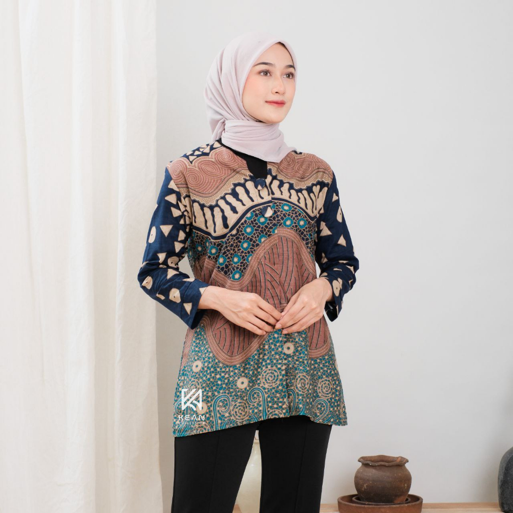 KEAN Batik Wanita Modern Lengan Panjang Kancing Depan Blouse Batik Laura Kombinasi Jumputan Solo Ser
