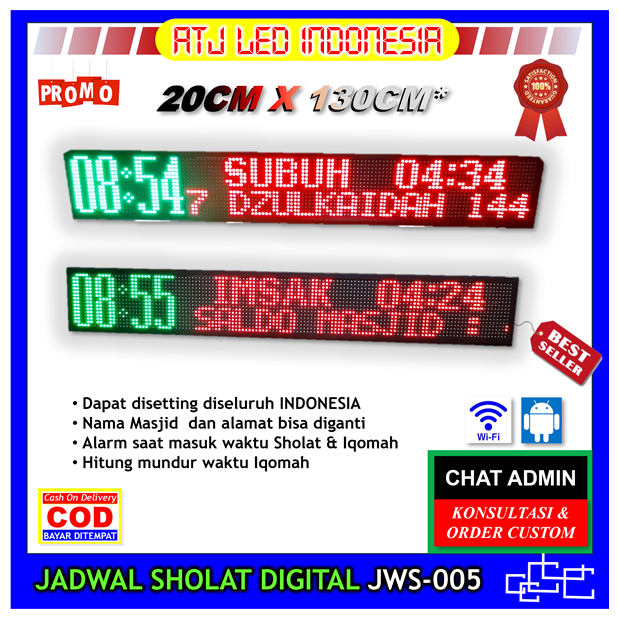 Jam Adzan iqomah lampu led running text jam masjid musholla jadwal sholat digital alarm otomatis