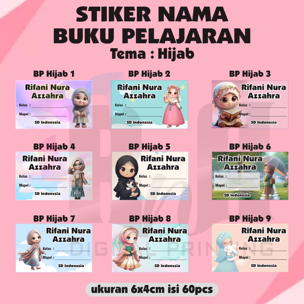 

(60pcs) Stiker Nama Buku Pelajaran Tema HIJAB