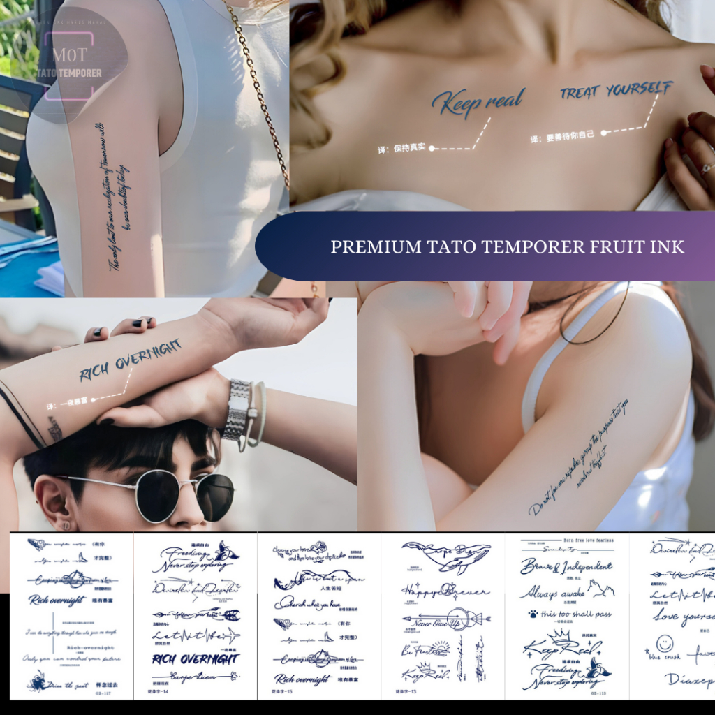 PREMIUM Tato Temporer Fruit Ink Tattoo Temporary Taham Lama 15 Hari Motif Minimalis Tulisan Aestheti