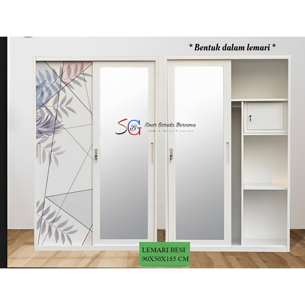 [ PLAT BESI ] LEMARI PAKAIAN BESI 2 PINTU SLIDING PUTIH CORAK DAUN ESTETIK MINIMALIS KOKOH SLD 908