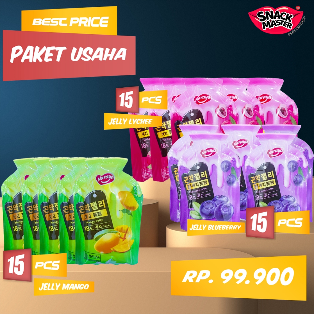 

[BUSINESS PACKET] Paket Usaha Hemat Naraya Furit Jelly 45 Pcs Mango Blueberry Lychee