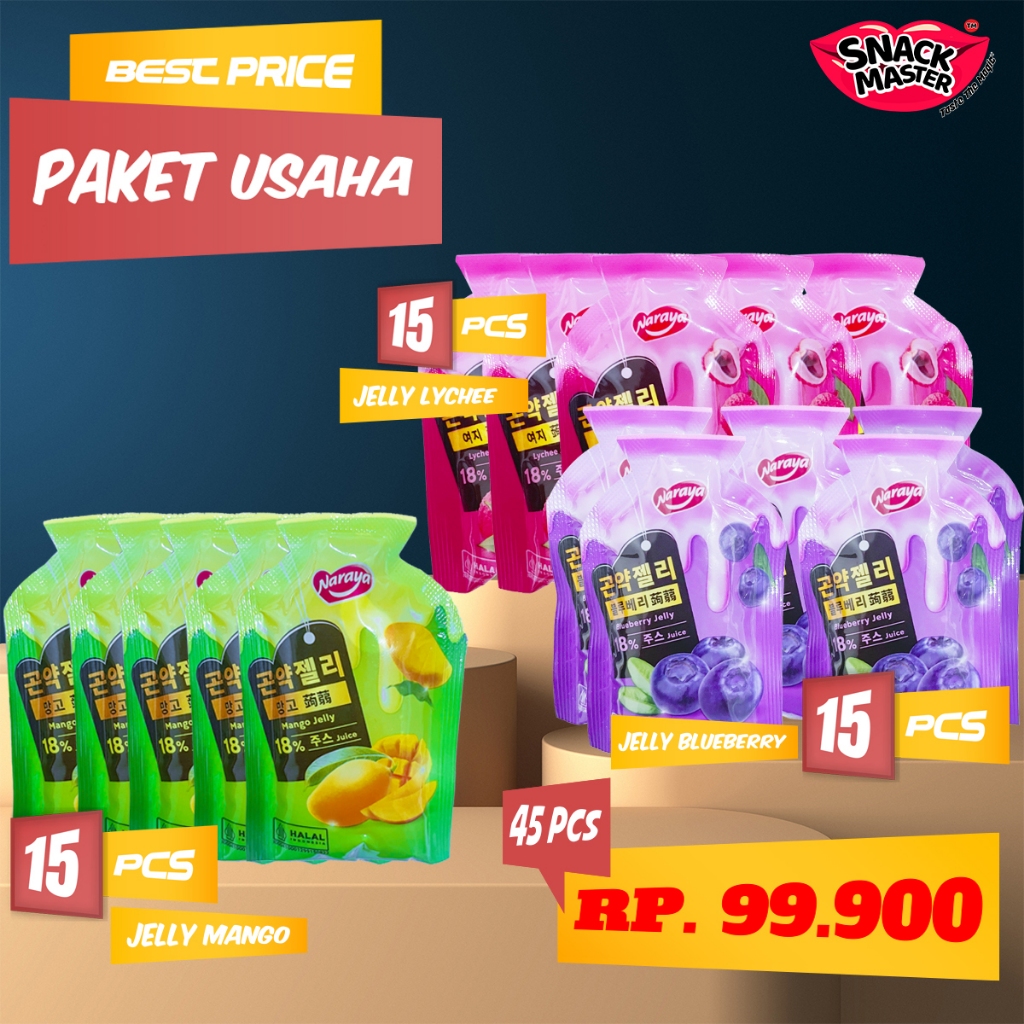 

SNACK MASTER MART - [BUSINESS PACKAGE] Paket Usaha Hemat Naraya Fruit Jelly Get 45 Pcs Mango Blueberry Lychee