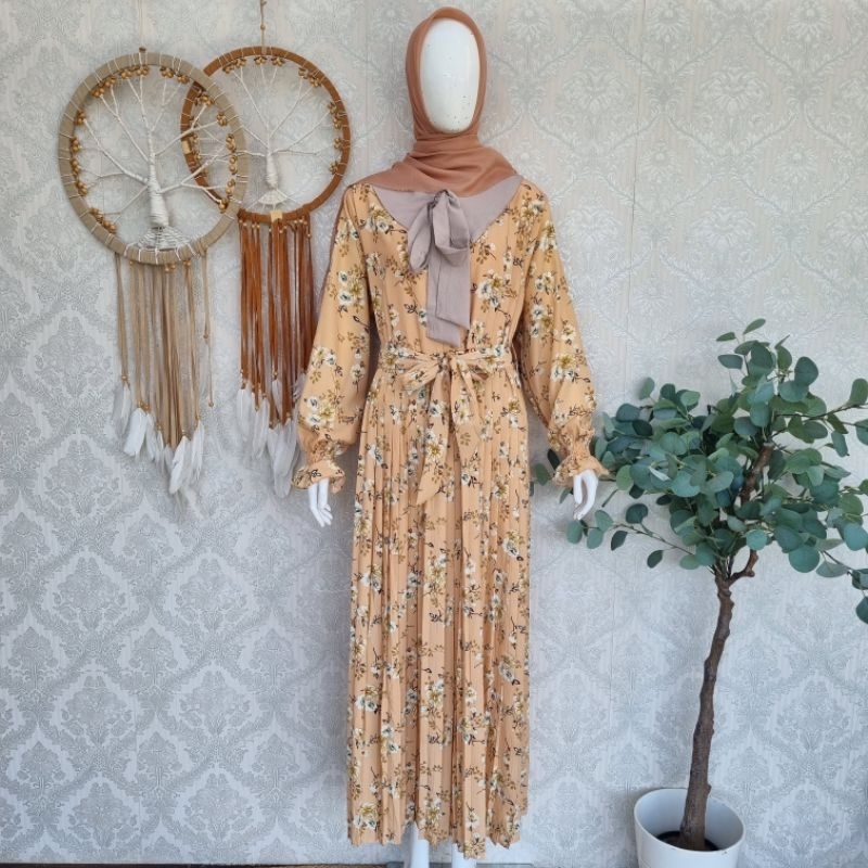 Gamis Bunga Orange mix Jilbab Polos