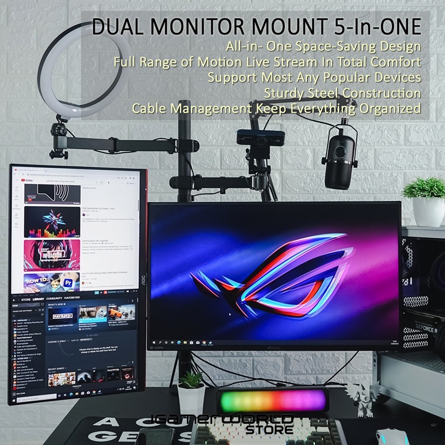 Dual Monitor Mount 5in1 / Stand Monitor Microphone Camera All In One