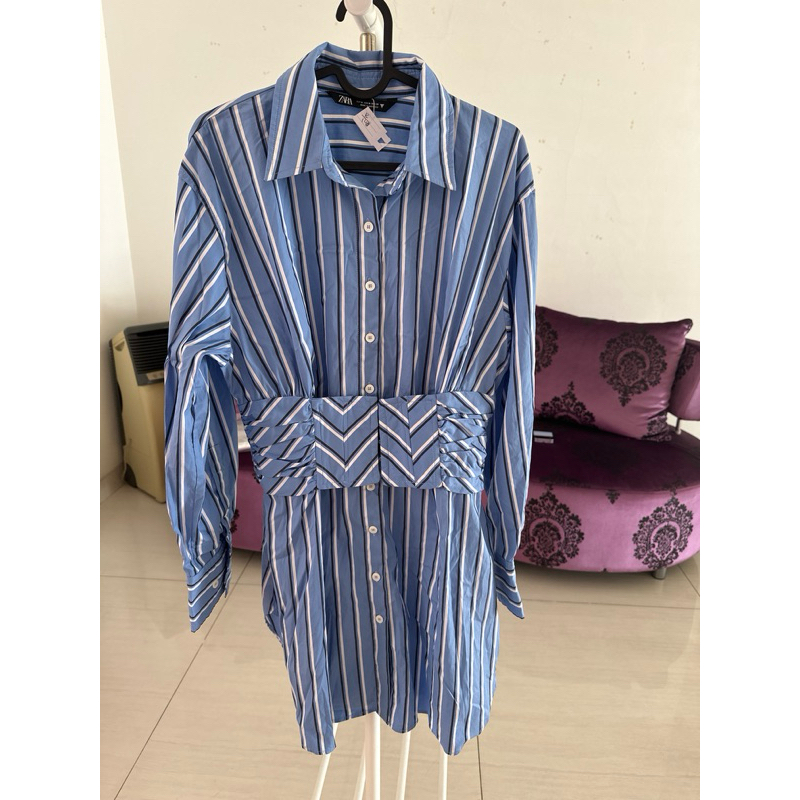 nbu zara shirt dress garis biru