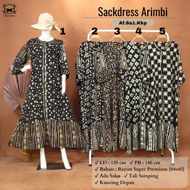 (LD 120 PB 140) Sackdress Maura Arimbi Warna Sogan Sackdress Klok Lengan 7/8 Original Batik Cap Mode
