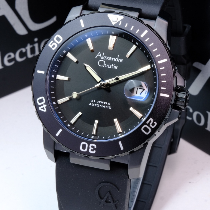 Alexandre Christie Pria Original Warna Black - AC6141 - Mesin Automatic - Rubber Strap