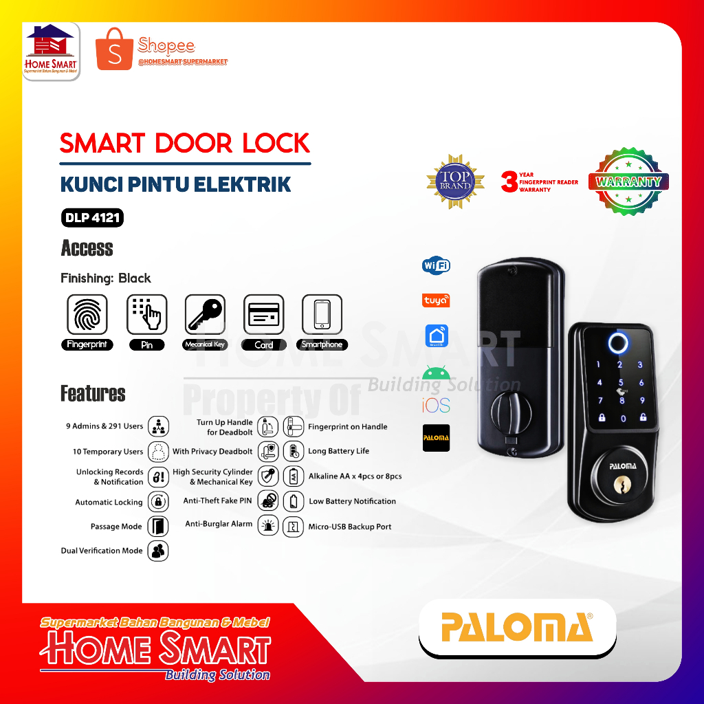 DEADBOLT KUNCI PINTU DIGITAL SMART DOOR LOCK WIFI PALOMA DLP 4121