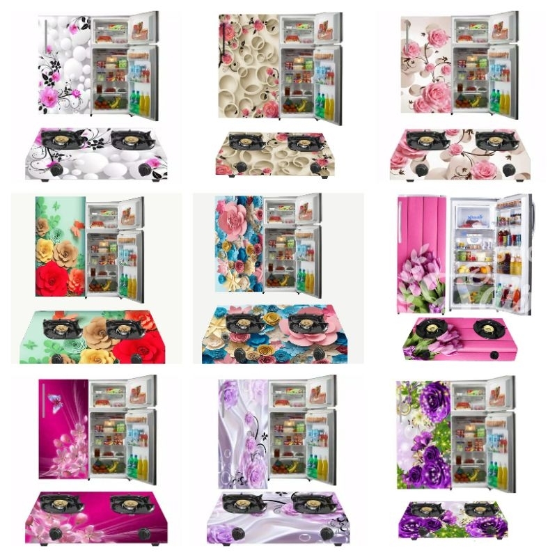 stiker kulkas 1pintu dan kompor gas motif kembang