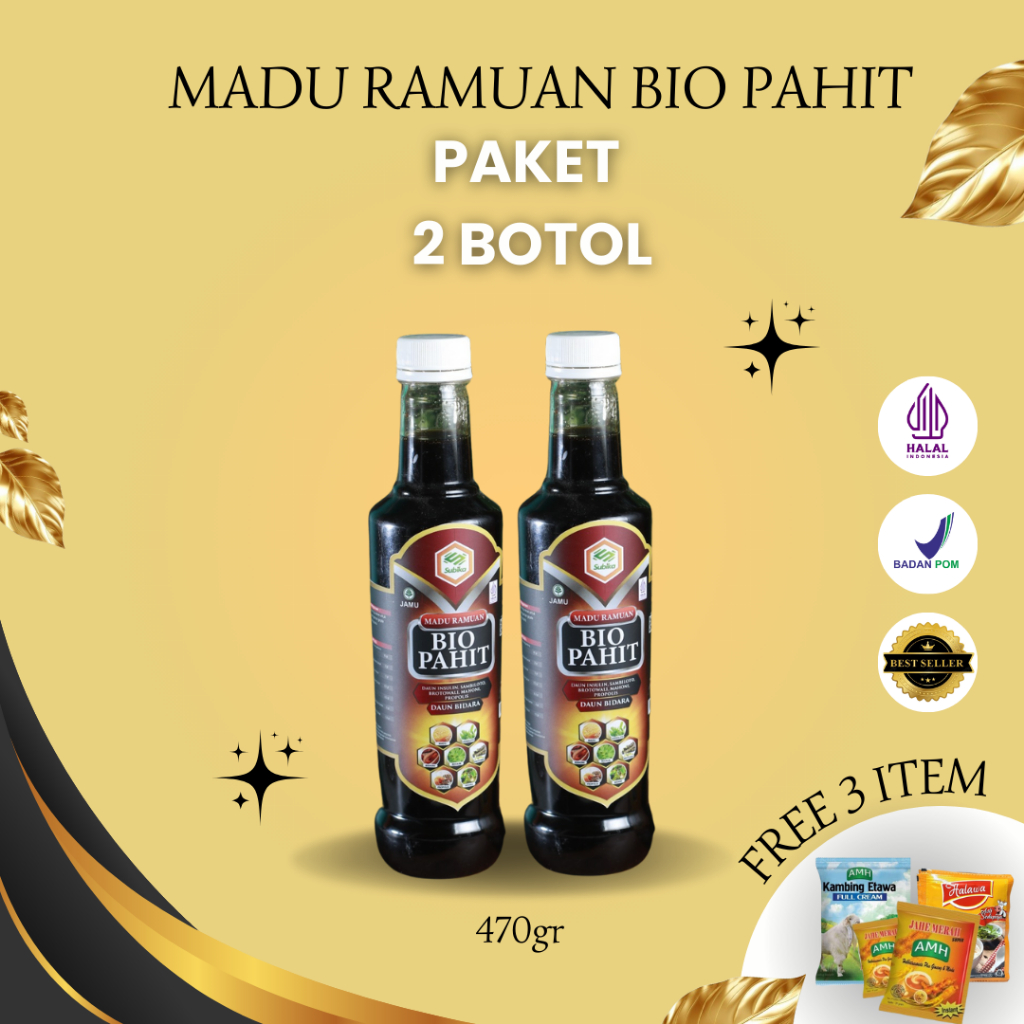

[ PAKET HEMAT 2 BOTOL GRATIS 3 ITEM ] MADU HITAM PAHIT PLUS PROPOLIS - MADU RAMUAN BIO PAHIT 470 GR / MADU PAHIT PLUS PROPOLIS DAN DAUN INSULINE