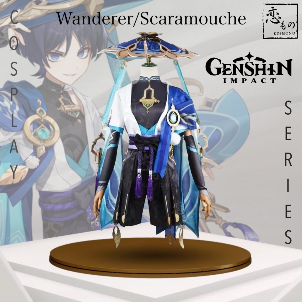 [Ready Stock] KOIMONO Wanderer Scaramouche Genshin Impact Default Costume Cosplay Set Wig + Hat / Se