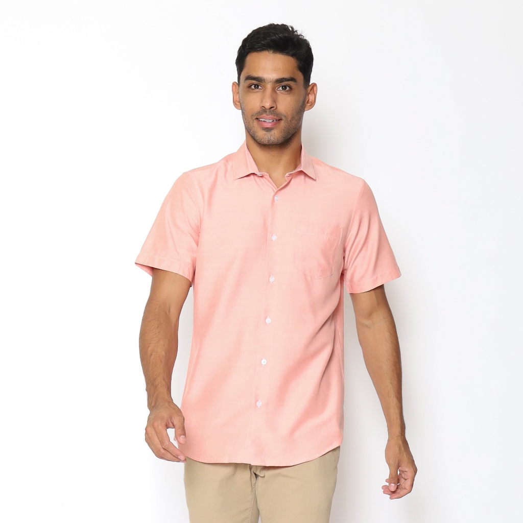 MAGINOT Kemeja Pria Basic Stripe Pendek SALMON