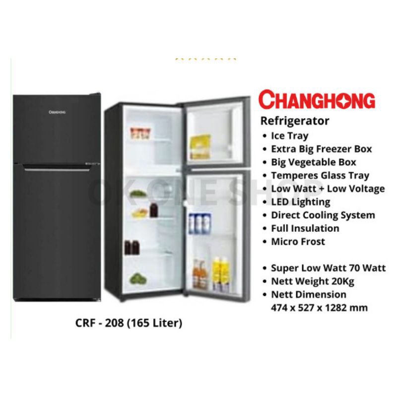 CHANGHONG Kulkas 2 Pintu Low Watt Big Freezer 165 Liter CRF-208 Garansi Resmi