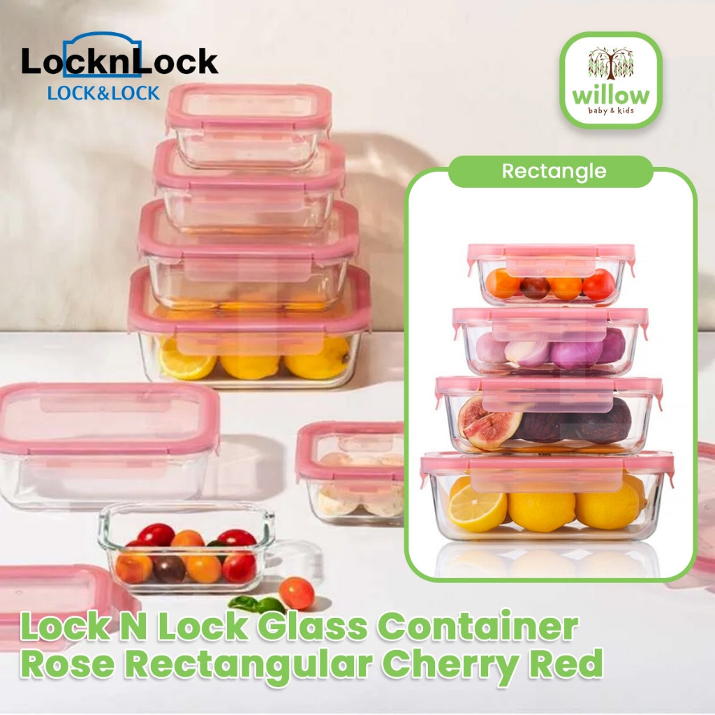 Tempat Penyimpanan Makanan - Lock N Lock Glass Container Rose Rectangular Cherry Red