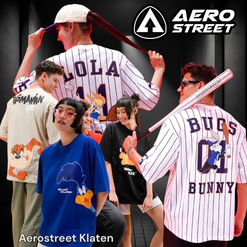 Aerostreet x Looney Tunes T Shirt Oversize Bugs Bunny | Lola Bunny - Kaos Motif Baseball T-Shirt Aer