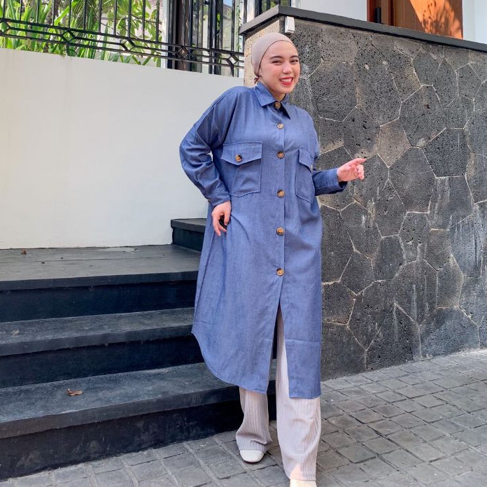 Denim Dream Tunic - Baju Atasan Wanita Tunik Denim Wash Premium Quality - Tunik Denim Lengan Panjang