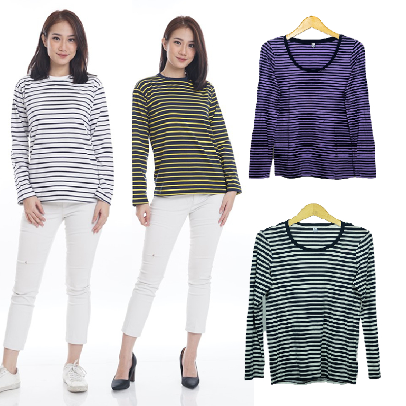 Kaos Wanita Lengan Panjang Uniqlo Motif Salur Original