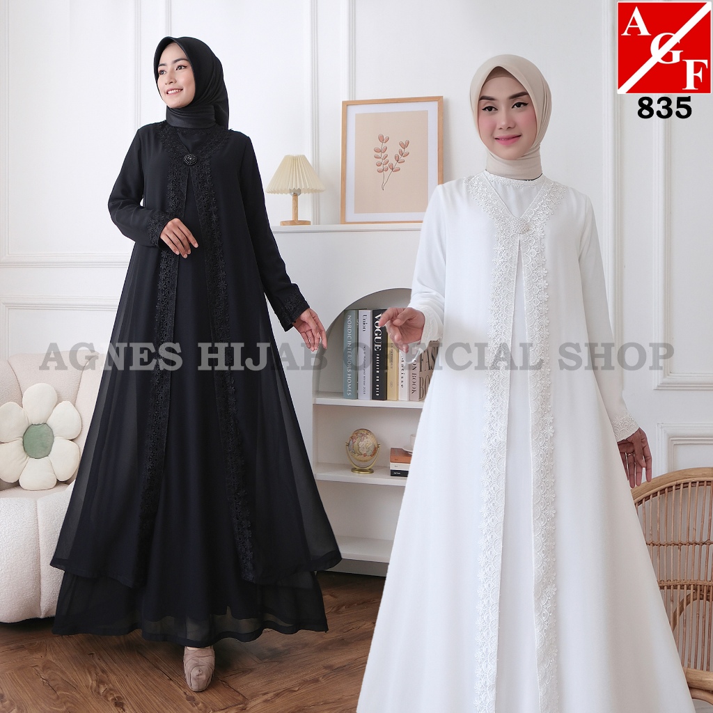 Agnes Hijab - Asahy Dress Gamis Putih Wanita Abaya Brukat Baju Lebaran Haji Umroh Busana Muslim 835