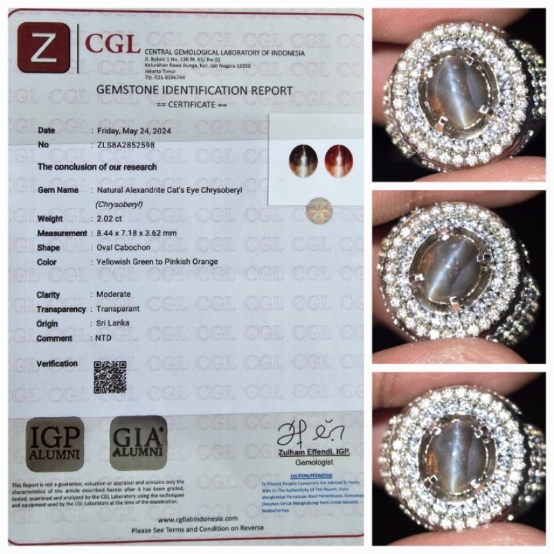 Natural Cat Eye Alexandrite Chrysoberyl Ceylon Srilanka Sertifikat 2.02 crt