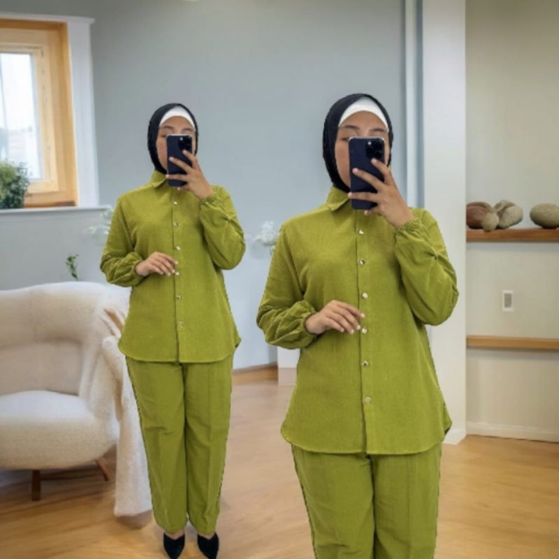 ELSEN SET KEMEJA POLOS SETELAN KEMEJA LINEN PREMIUM ONE SET CELANA COLLECTION