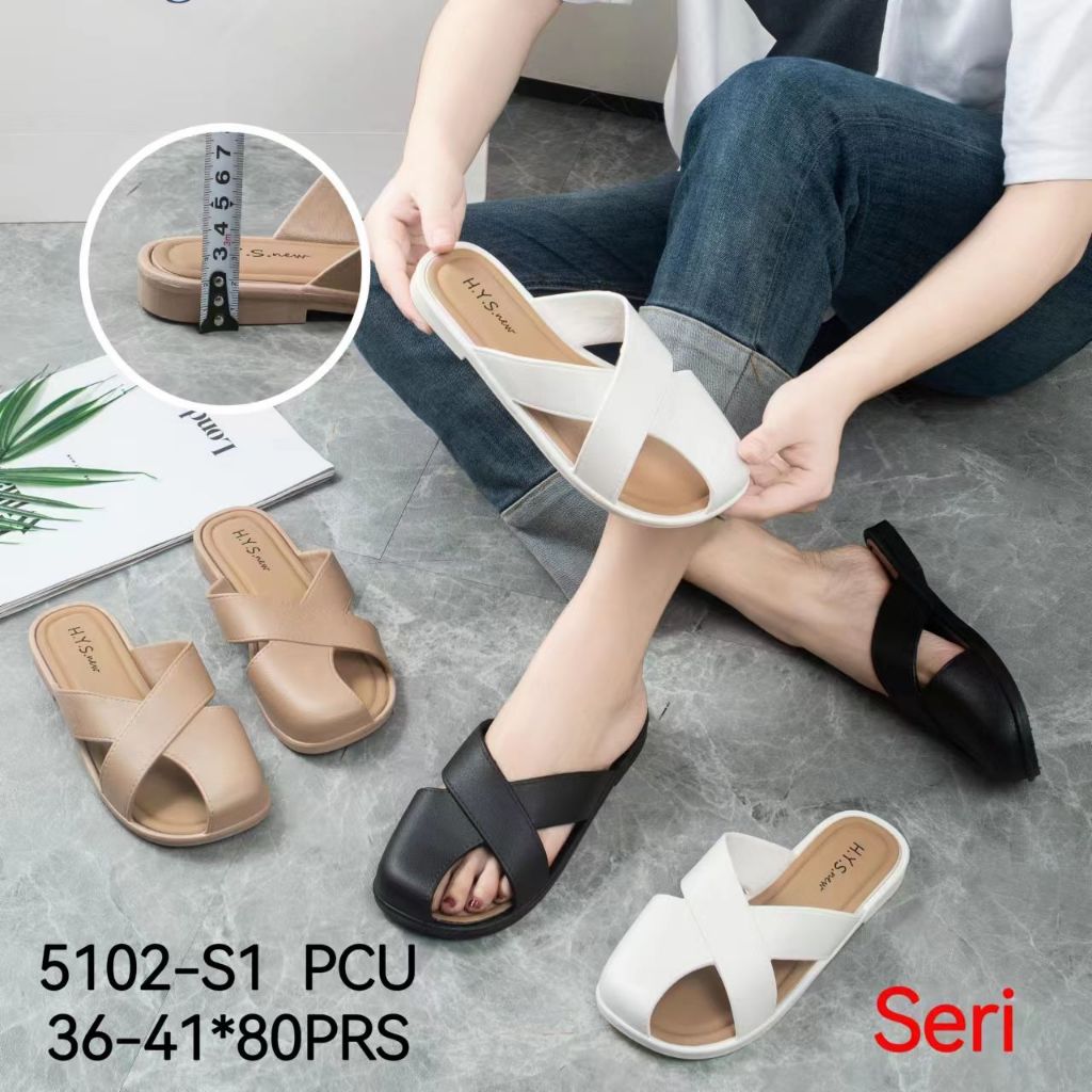Sandal Fashion Wanita H.Y.S New Motif Tali Silang Terbuka Ujung Bulat Sandal Selop 5102-S1