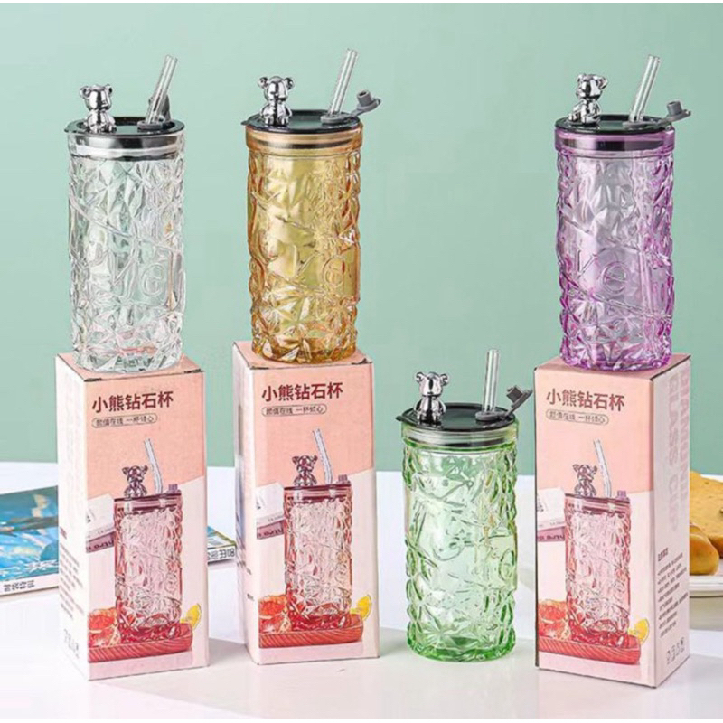 Botol Kaca Crystal Bear 350ML Free Sedotan Acrilic Kaca Tebal